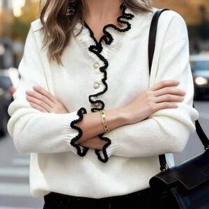 CUPCAKE ICING Cozy White Sweater with Curly Black Trim + Pearl Buttons XS-XXL